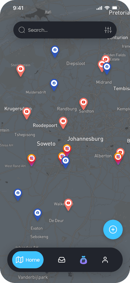HashSac map home screen with nearby Pins (dark mode)
