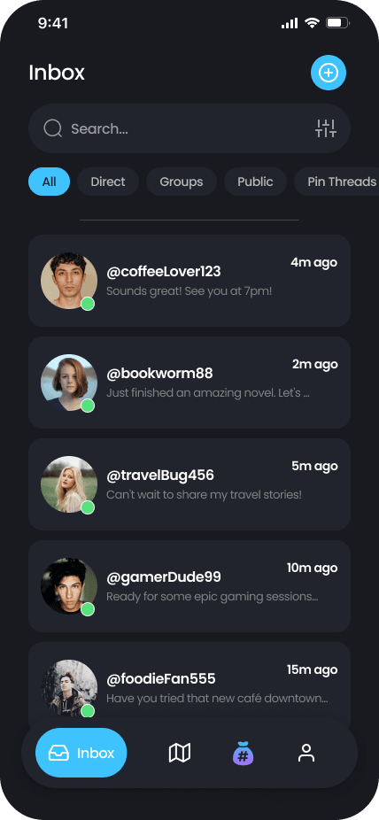 HashSac inbox screen (dark mode)
