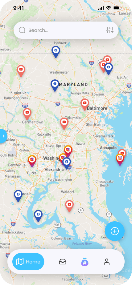 HashSac map home screen with nearby Pins (light mode)